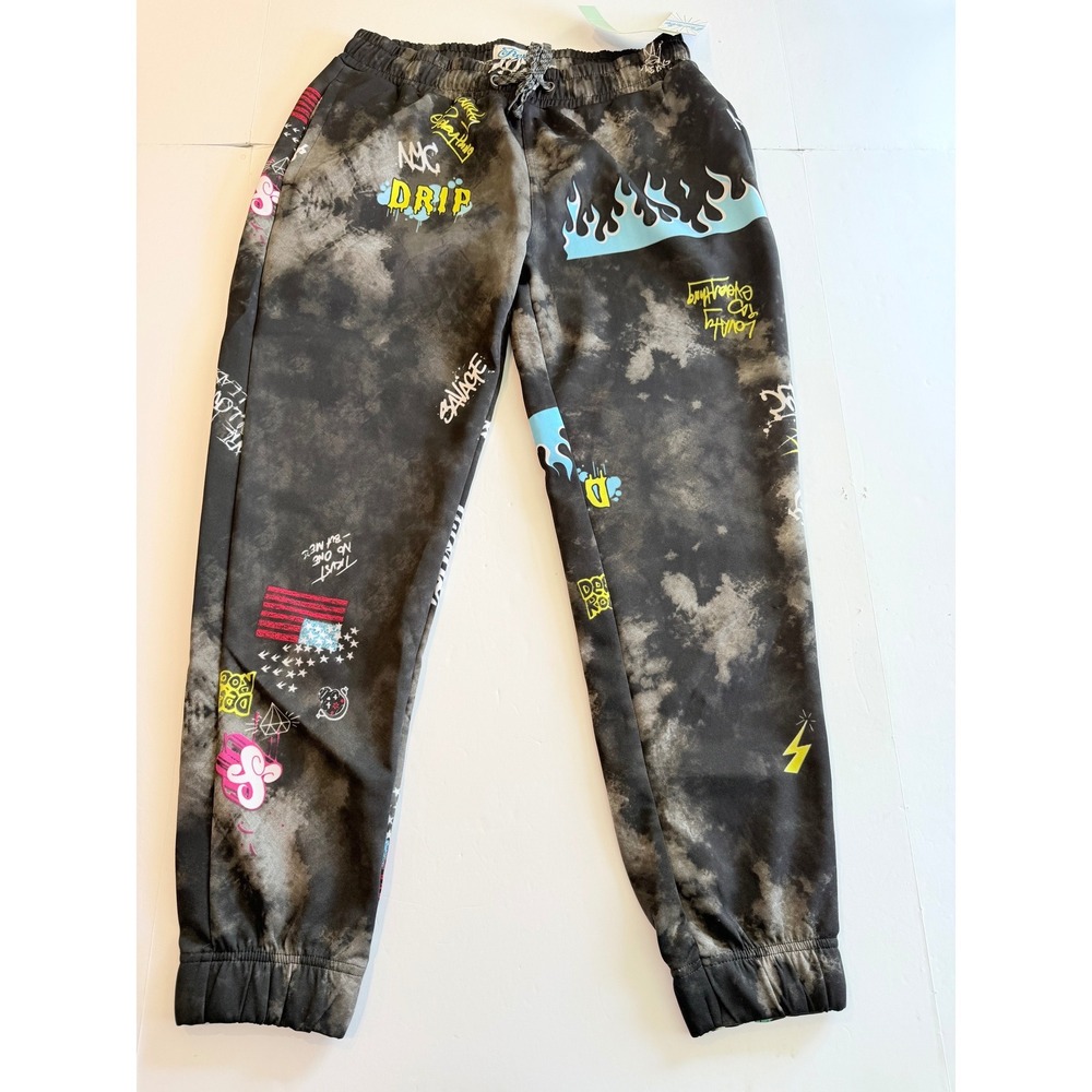 Fresh Prints of Bel-Air Graffiti Acid Wash Joggers Black Grey Large NEW